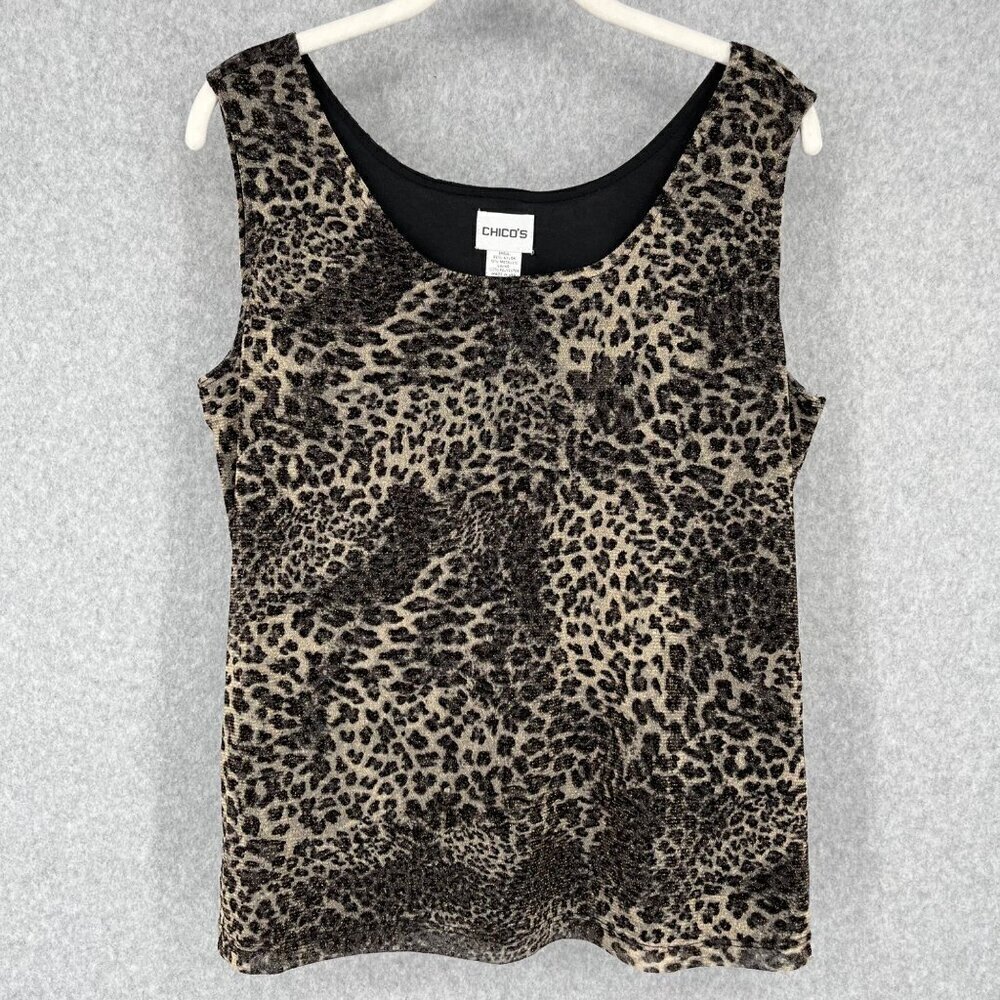Chicos Womens Slinky Tank Top Shell Size 2/US L Leopard Metallic Non Wrinkle EUC